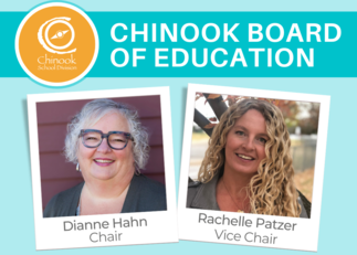 Graphic featuring poloroid photos of Dianne Hahn, new chair, and Rachelle Patzer, new vice chair of the Chinook Board of Education