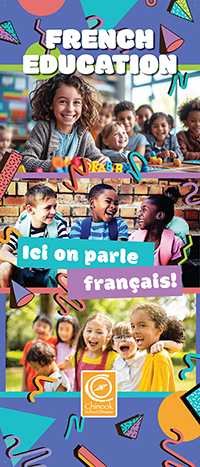 Graphic with multiple images of children smiling and laughing together. The text states: French Education, ici on parle francais!