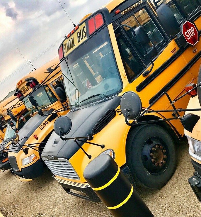 School buses lined up in parking lot