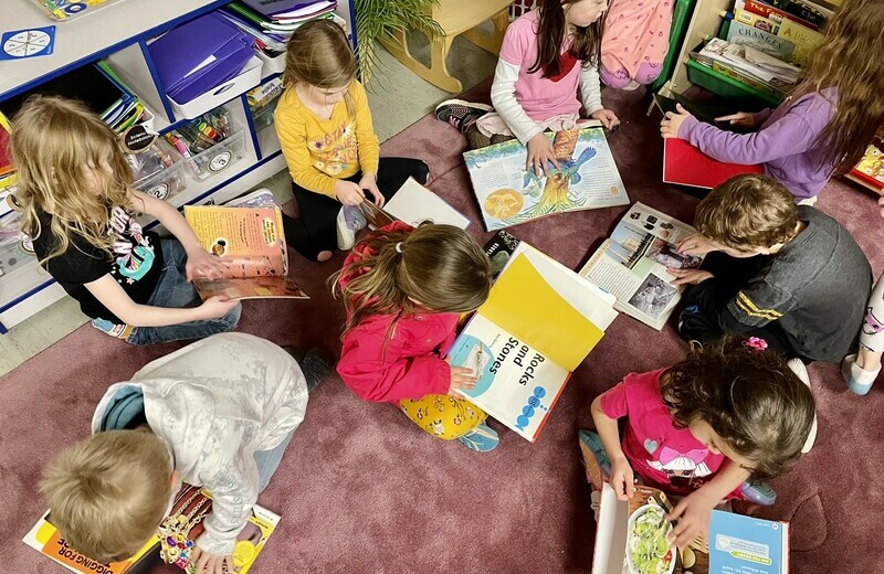 Students at Fairview School read their own books sitting on a carpet in their classroom library.